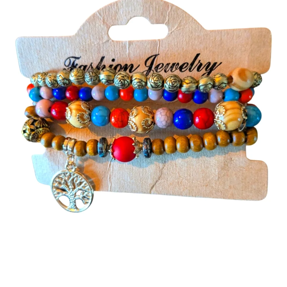New Colorful Beaded Bracelet Set with Tree Charm And Tassell Earrings